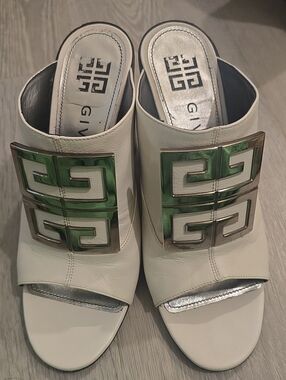 Givenchy White Leather Slide Mules with Green Logo Plaques